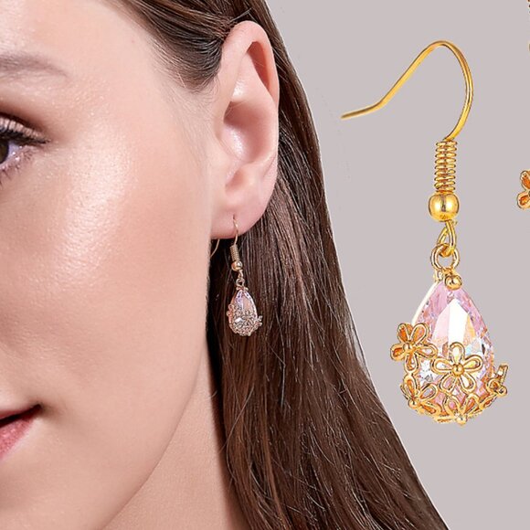 3/$35 Gold Copper Clear Oval Flower Drop Dangle Earrings Crystal Diamond - Picture 6 of 6